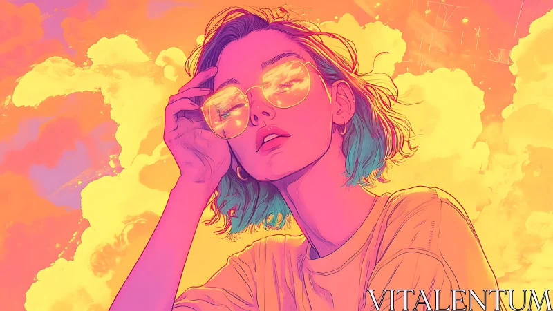Neon lit girl gazes upward through reflective sunset glasses