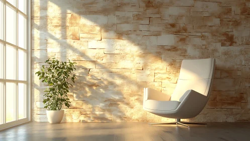 Sunlit lounge chair beside potted plant in serene interior.