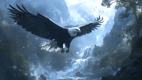 Majestic Bald Eagle Soaring Over Waterfall in Misty Mountain Landscape.