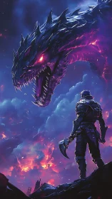 Armored warrior confronts neon-lit crystalline dragon in burning sky