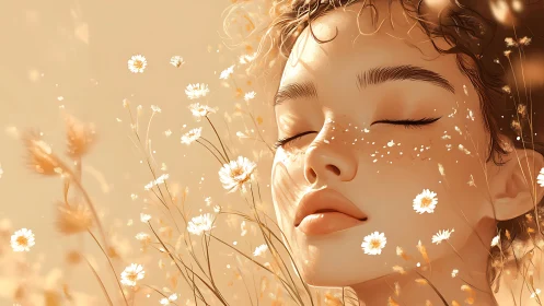 Serene female portrait in warm floral field with soft bokeh light