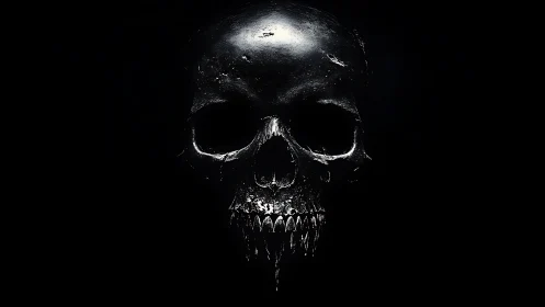 Metallic human skull render occupies central dark frame