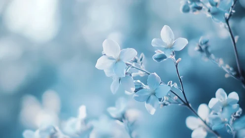 Delicate white flowers on soft blue bokeh background.
