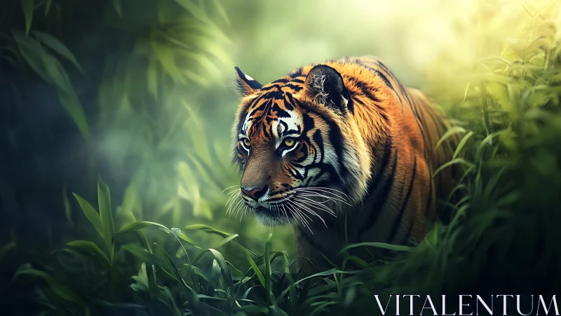 Quiet jungle prowl with a golden-lit tiger in focus.