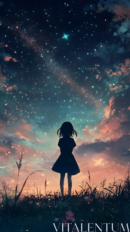 Silhouetted girl observes star-dense twilight sky in anime style