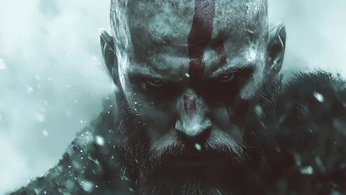 Frosted warrior portrait with scarred skin, war paint, and icy bokeh