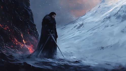 Lone cloaked warrior with sword on frozen volcanic pass.