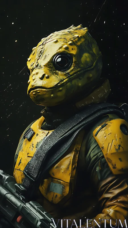Reptilian space soldier grips rifle in worn yellow armor.