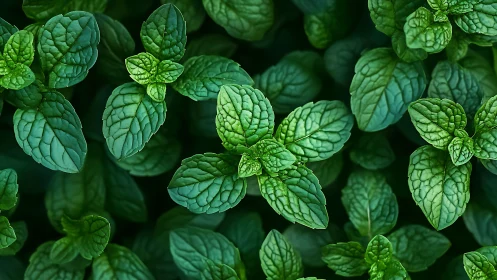 Mint leaf canopy with vivid textured emerald foliage.