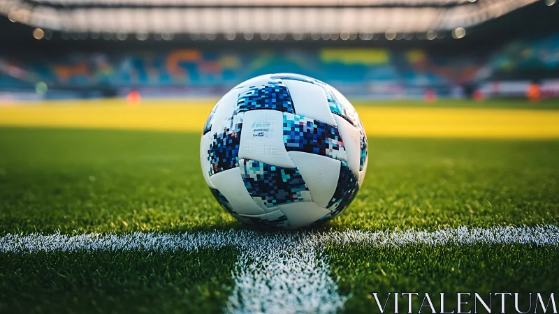 Soccer ball on sideline marking bright modern stadium pitch.