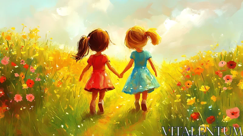Two Girls Hand in Hand Through Sunlit Wildflower Field.