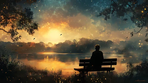 Solitary observer on lakeside bench in luminous dusk atmosphere.