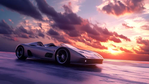 Futuristic roadster reflects cinematic sunset over wet shoreline
