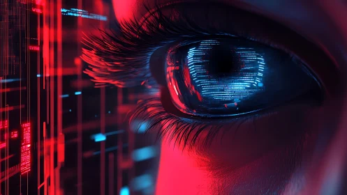 Neon cybernetic eye gazes through streaming data nightscape.