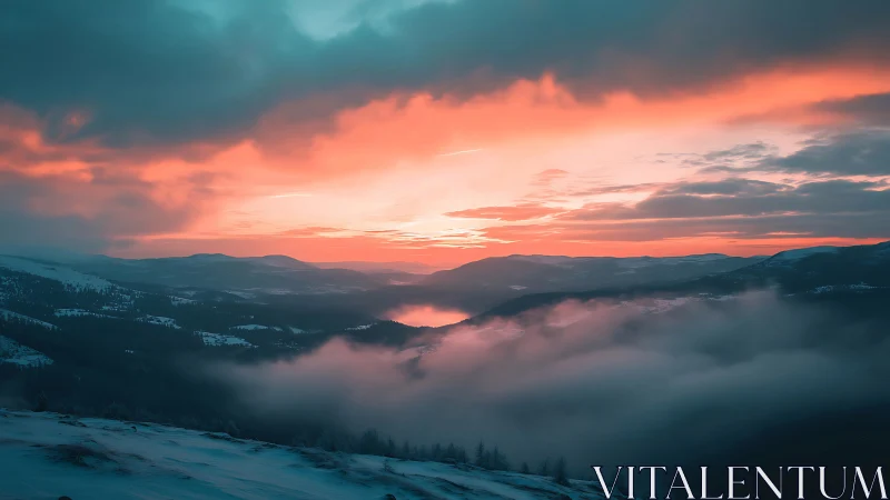 Winter mountains under vivid coral twilight sky glow.