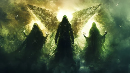Hooded spectral trio stand before radiant fractured wings