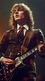 Vintage rock guitarist commands stage in tartan suit.