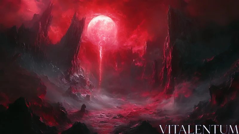 Crimson hellscape under erupting blood moon vortex