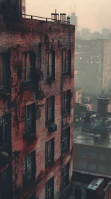 Rust-stained brick tower rises over fog-drenched cityscape.