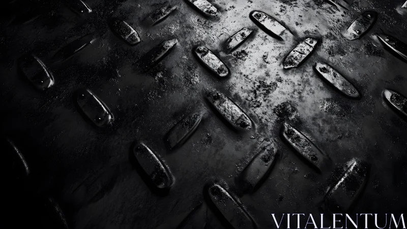 Close-up of industrial metal surface with raised textures, moody lighting.