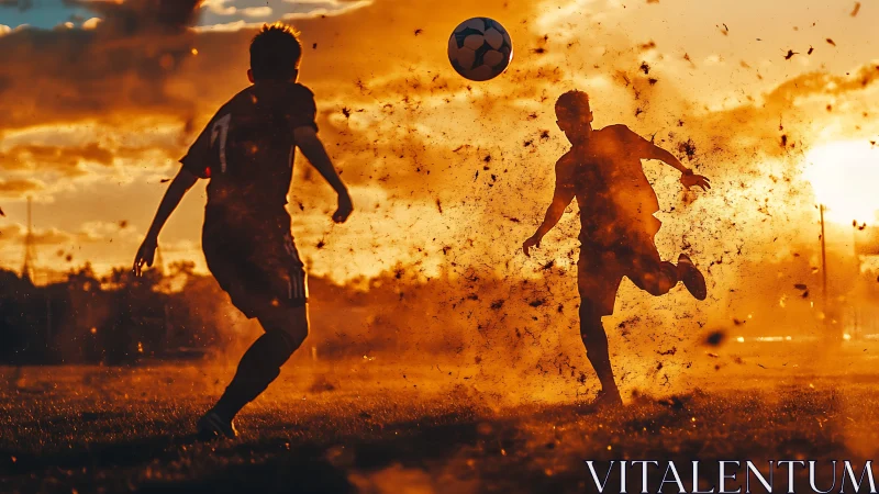 Silhouetted soccer players contest ball in dusty sunset field.