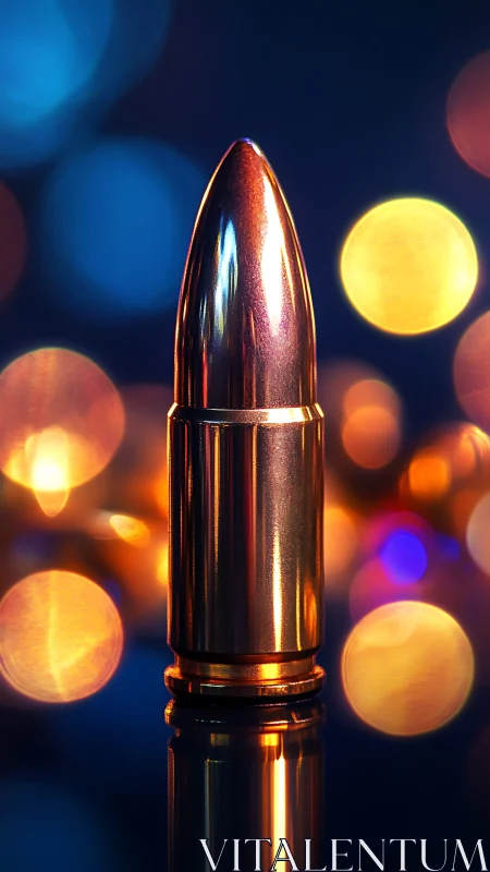 Single metallic cartridge stands vertically against defocused lights