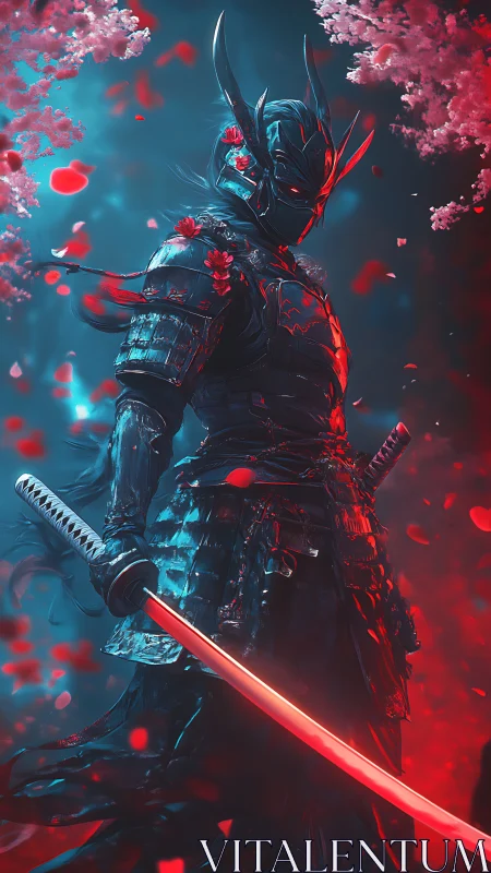 Armored samurai with red katana under cherry blossoms.