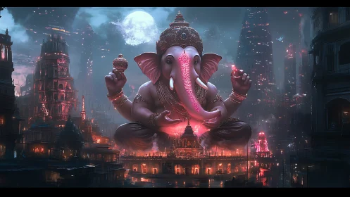 Colossal neon Ganesha over cyberpunk temple skyline at night.