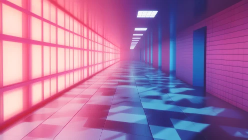 Futuristic Neon Hallway with Pink and Blue Lighting, Digital Art Style.