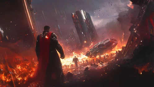 Heroic figure strides through a burning futuristic ruin.