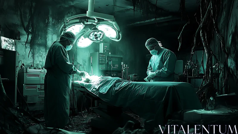 Cyberpunk surgical theater in bio-corrupted operating chamber.