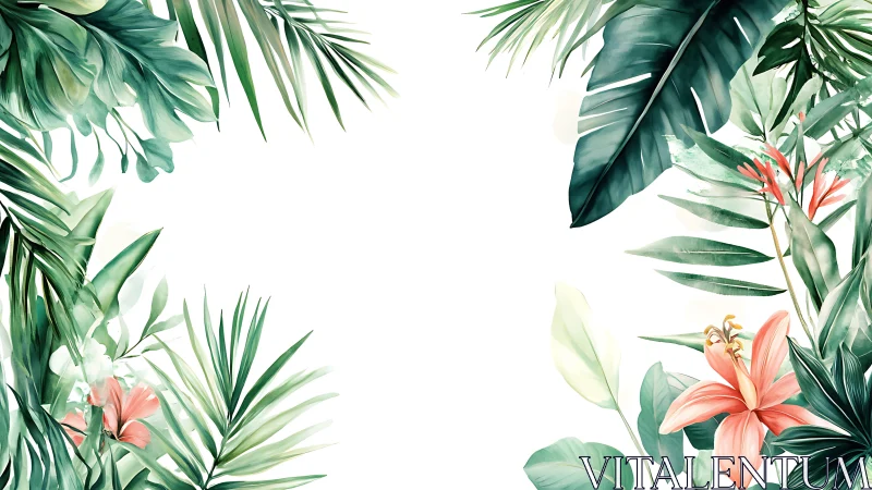 Tropical foliage frame with soft coral flowers on white canvas.