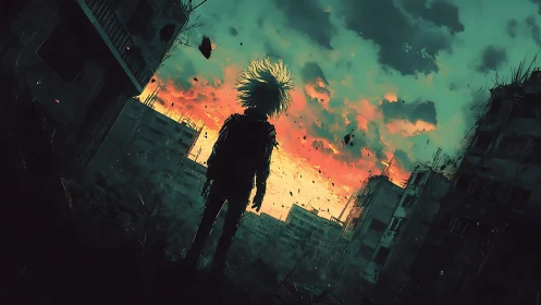 Backlit wanderer in post-urban ruin under incendiary sky.