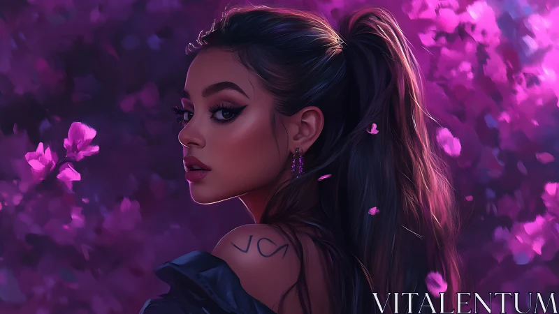 Digital portrait of woman with tattoo in pink flowers.