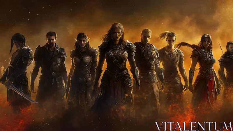 Fantasy warriors stand in formation against fiery background