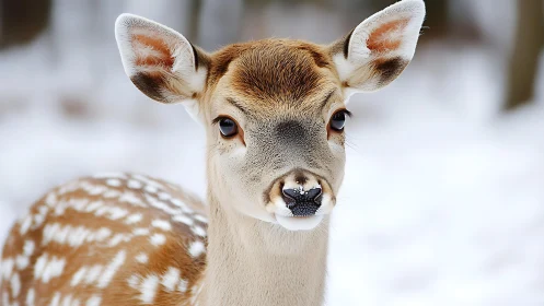 Winter portrait of young deer in shallow-depth composition.