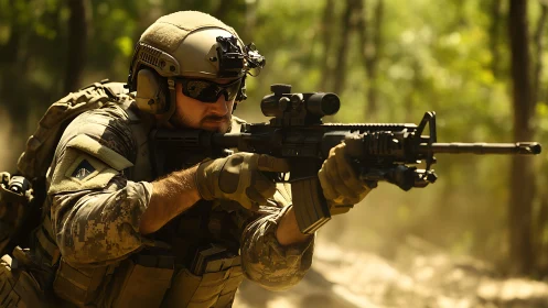 Soldier aims rifle in tense sunlit forest combat scene