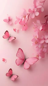 Pink butterflies fly near pink blossoms on soft background