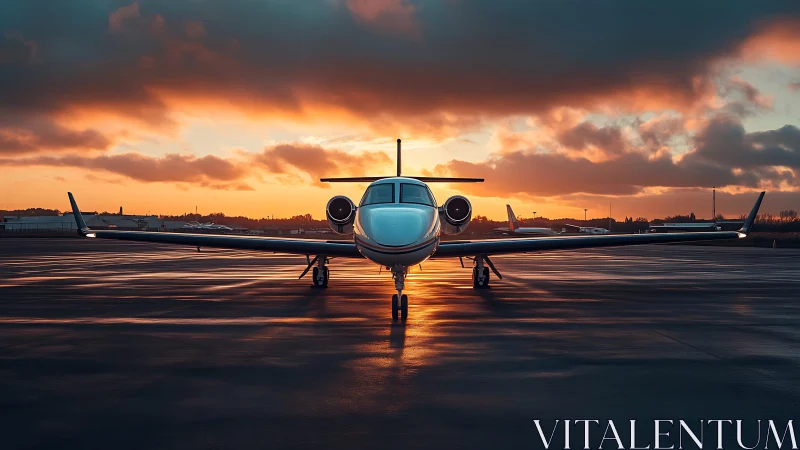 Private jet on wet runway under vivid sunset sky.