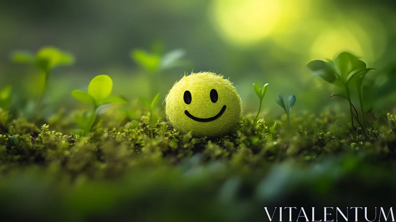 Smiling Tennis Ball in Lush Green Nature, Whimsical Style.