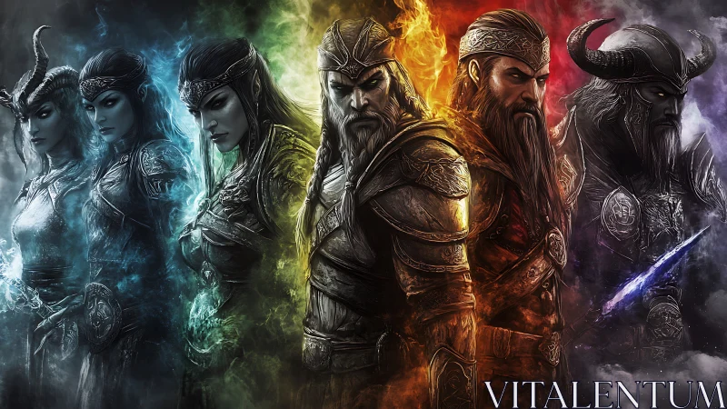 Fantasy warriors aligned by elemental colors and roles.