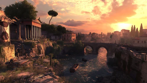 Golden river sunset over tranquil ancient stone city.