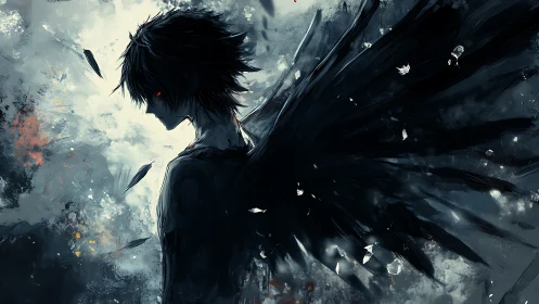 Dark winged figure stands in storm of ash and feathers