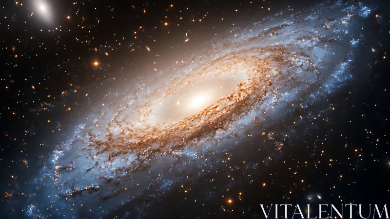 Spiral galaxy glows with dense star fields and dust lanes.