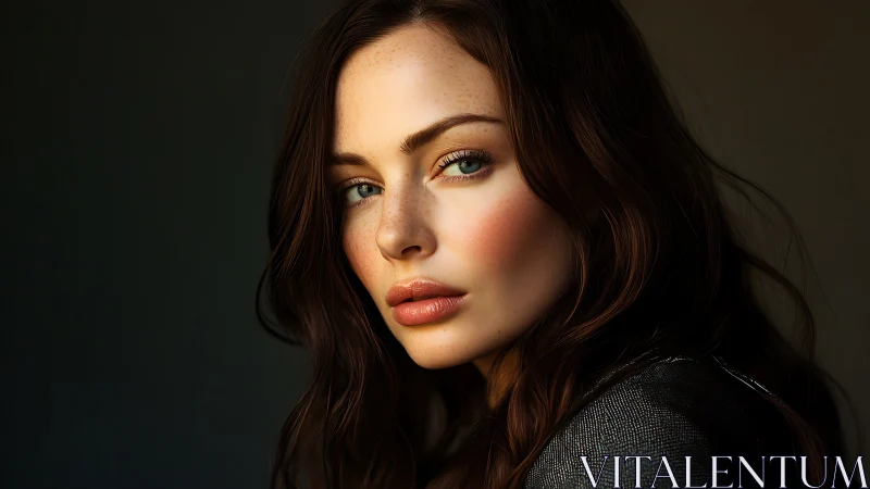 Female subject portrait in soft directional studio lighting.