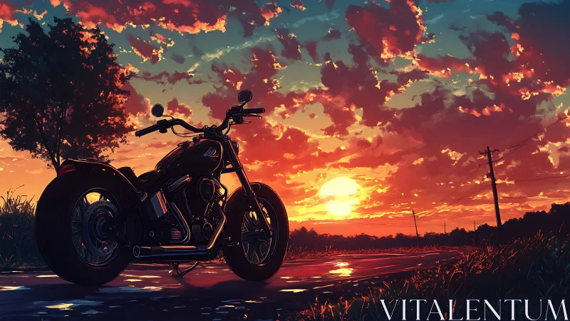 Silhouetted cruiser motorcycle anchors a sunset roadside vista