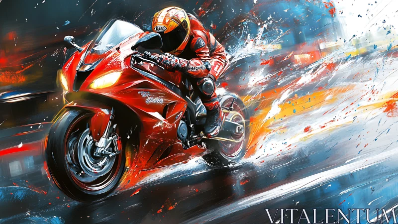 Digital speed painting of red superbike racing at night.