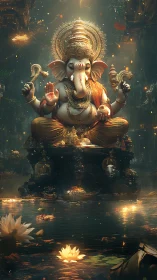 Divine elephant deity over sacred lotus pool at dusk.