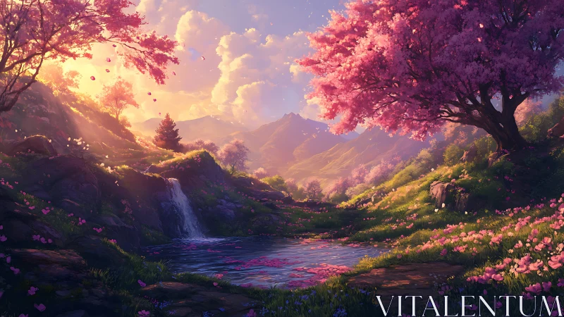 Sunlit fantasy valley with cherry blossoms and waterfall.