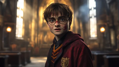 Young wizard stands wounded inside dim gothic hall